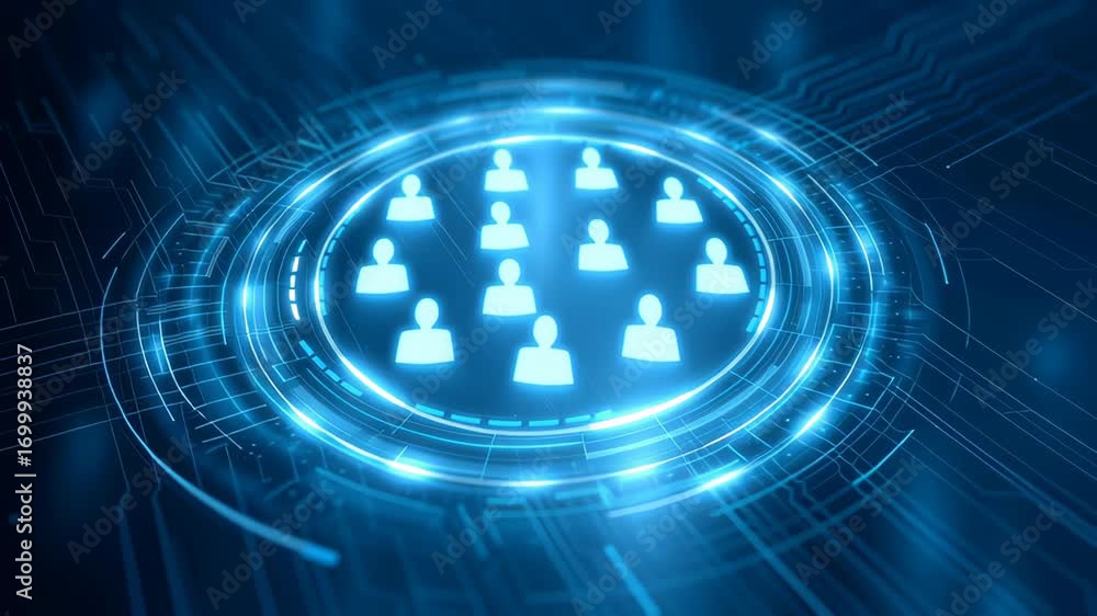 Poster social media safety online network hub showing glowing user icon blue digital circuit ring with secu