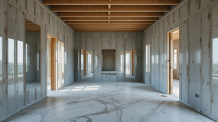 Interior of house under construction. Mirror smooth surface of t