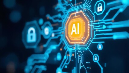Close-up of a futuristic circuit board with AI and lock icons on a dark background with neon blue lines and a warm orange glow. - Powered by Adobe