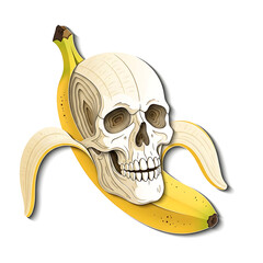 A surreal illustration of a skull emerging from a peeled banana, isolated on white background