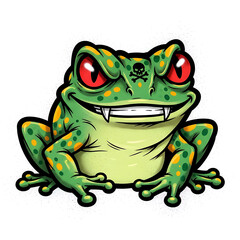 A cartoon illustration of a menacing frog with red eyes, isolated on white background