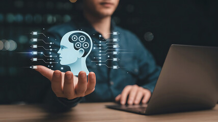 Person holding a glowing holographic ai brain with gears and data streams representing artificial intelligence and technology