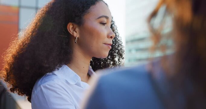 Business women, rooftop and discussion with meeting outdoor for planning or conversation. Building, city or real estate with client, developer and management for commercial investment on balcony