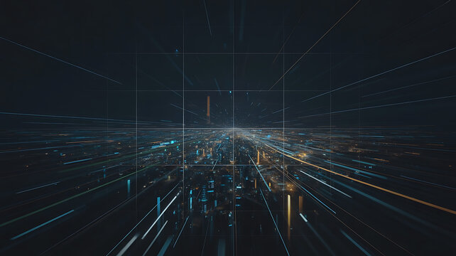 Futuristic digital cityscape with glowing lights and abstract geometric grid overlay creating a sense of advanced technology and data flow