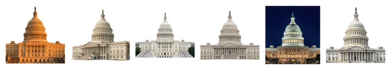 Obraz premium United States Capitol Building set including day, sunset, and night views isolated. Symbol of American government and democracy.