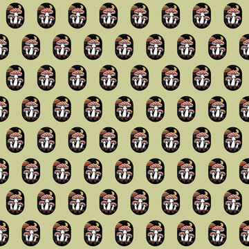 Mushroom Pattern &ndash; Red and White Fungi with Yellow Stems on Dark Green Background