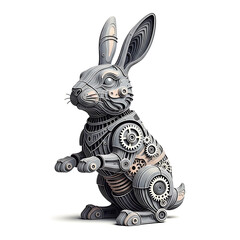 Steampunk rabbit with intricate gears and metallic details isolated on white background