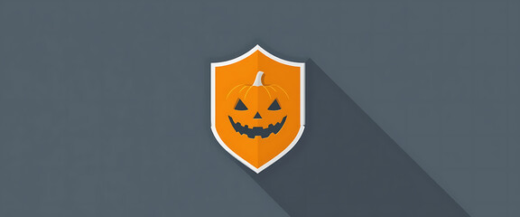 Cyber shield icon with a carved pumpkin face cutout in the middle, flat two-color palette (orange and gray), centered composition, minimal.