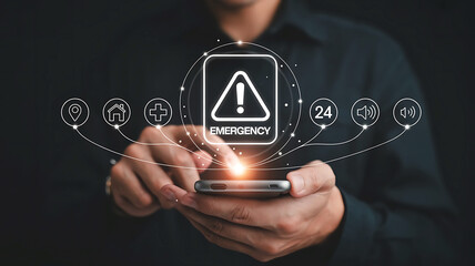 Person using smartphone displaying digital cybersecurity warning alert with connected icons and network connections