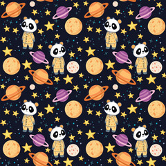 Cute panda in pajamas on the background of dreamy night sky,