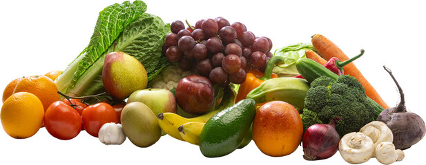 Large group of assorted fruits and vegetables with grapes pears apples carrots broccoli cucumbers. Concept of health, organic diet, freshness, and natural lifestyle. Transparent background