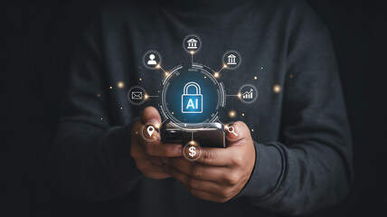 Person holding a smartphone displaying a glowing digital padlock icon with ai and network connections symbolizing cybersecurity and data protection