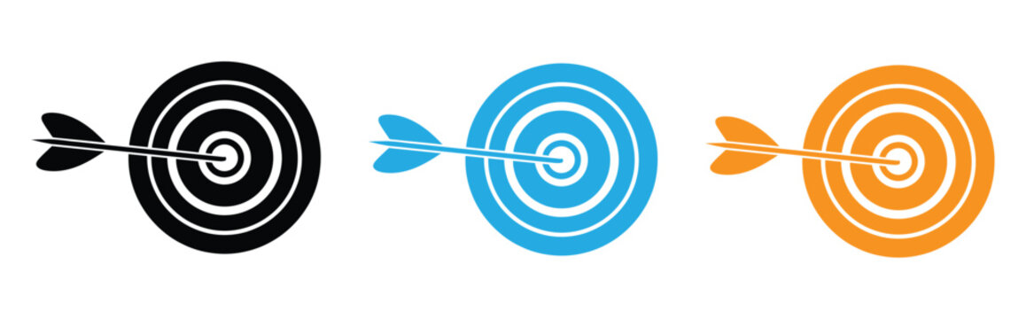 Vector art of three targets with arrows in black, blue, and orange, , symbolizing precision and accuracy in a minimalist design with vibrant colors