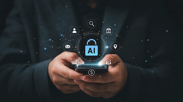 Person holding smartphone displaying ai powered digital padlock icon with surrounding security and technology icons