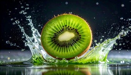 A vibrant kiwi slice is artfully presented amidst a dynamic water splash, showcasing the fruit's fresh green hue and the energy of a refreshing drink.