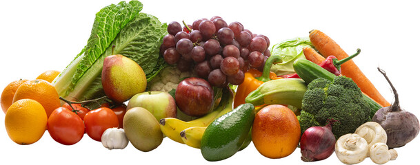 Collection of fruits and vegetables with apples grapes lettuce carrots cucumbers broccoli mushrooms. Concept of freshness, health, organic nutrition, and wellness lifestyle. Transparent background