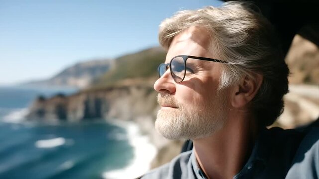 a coastal cliff road with ocean views cluttered with guardrails soft natural light reflecting off water a middle aged man with sunglasses natural poses as he admires detailed