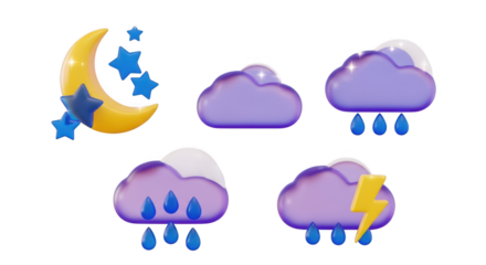 Weather icons moon, stars, clouds, rain, lightning isolated on transparent background