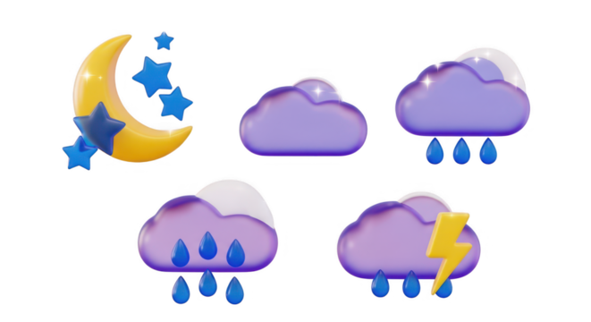 Weather icons moon, stars, clouds, rain, lightning isolated on transparent background