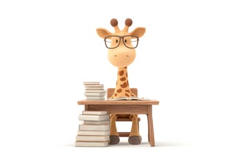 A giraffe sitting at a school desk with oversized glasses and a stack of books, 3d animation, isolated on a white background