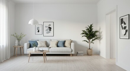 Fototapeta premium Minimalist Living Room Interior: Modern Design, Neutral Tones, Plants, Art.