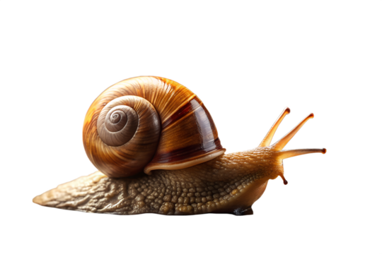 An intricate close-up of a garden snail, its magnificent spiral shell highlighted, steadily progressing, embodying nature's deliberate pace