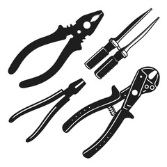 A collection of four black silhouette illustrations of various types of pliers and wire cutters isolated on a white background representing a set of essential hand tools
