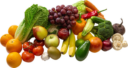 Variety of fruits and vegetables with oranges pears apples bananas grapes broccoli mushrooms beetroot. Concept of health, organic produce, fresh nutrition, and wellness. Transparent background