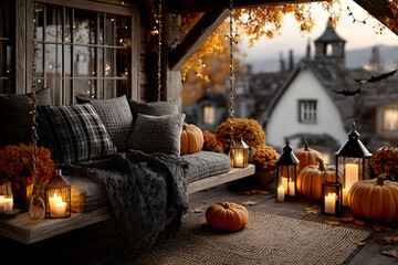 Obraz premium Cozy Autumn Porch with Pumpkins and Lanterns for Halloween Decoration
