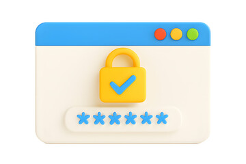 Secure login window illustration with password protection and lock icon for online security and data privacy concepts.Digital safety 3D icon representing secure login, authentication, and password