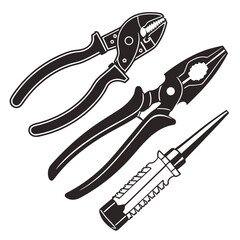 A collection of black and white vector illustrations of various hand tools including pliers and a screwdriver isolated on a white background for easy use