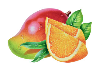 Airbrush Illustration aus den 1990er Jahren, mit einer Mango und zwei Orangen Schnitze und Bl&auml;ttern