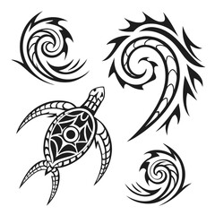 Tribal style sea turtle design with swirling wave elements and abstract tribal patterns for tattoo art and graphic design