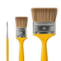 Three assorted paint brushes with yellow handles for art and diy projects transparent background
