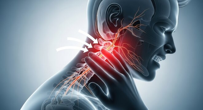 Anatomical illustration of neck and nerve pain in a male figure.