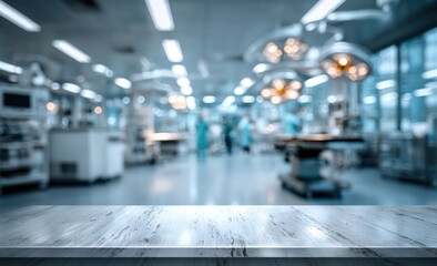 Interior shot with marble foreground, blurred operating room background, surgical lights
