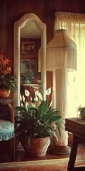 Interior room with mirror, plants, and lamp