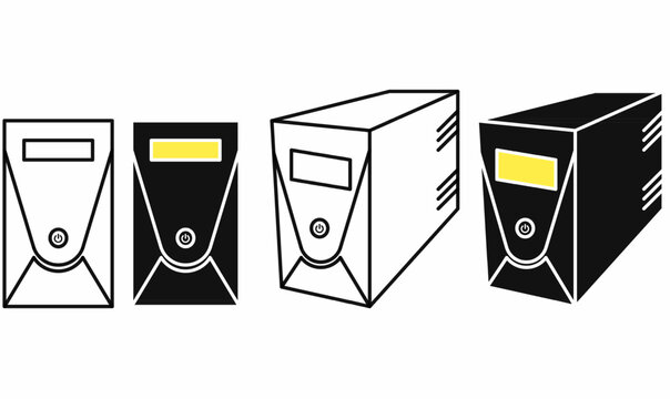 Vector illustration of uninterruptible power supply UPS device in outline,silhouette,black and white line art with front panel and power button, ideal for icon,logo,symbol technology, server. 