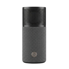 Sleek metal cylindrical object with intricate grid pattern and subtle illumination detail transparent background