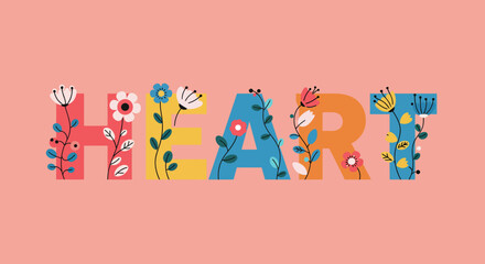 Colorful floral HEART word illustration on pink background.