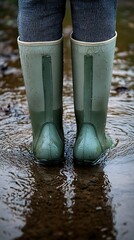 Puddles of Reflection Green Boots Standing Firm in the Rain