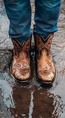 Mud-splattered cowboy boots standing firmly in a puddle, reflecting a day of hard work and outdoor adventure in the wilderness