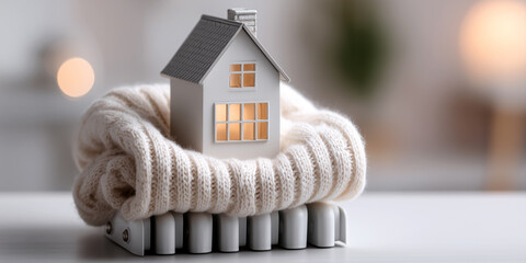 A small model house wrapped in a warm woolen scarf above a white radiator. Cold protection, home insulation, space heating system, energy crisis, winter energy savings concept. Generative Ai.