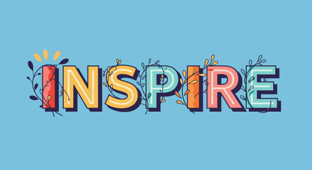 Colorful Inspire Word Art with Decorative Floral Elements.