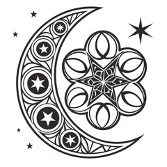 Intricate black and white crescent moon adorned with stars and a central floral starburst design set against a clean white background evoking celestial beauty and cosmic wonder