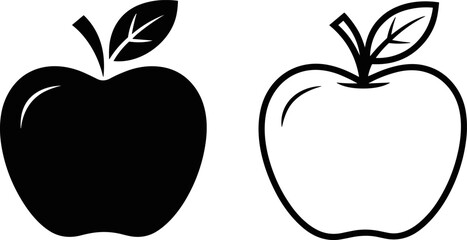 Two stylized apples one solid black and the other a white outline both with stems and leaves represent healthy fruit and produce options for nutrition and wellness illustration
