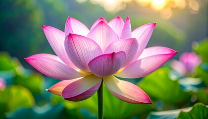 Obraz premium A delicate pink lotus flower blossoms beautifully in soft sunlight, showcasing intricate petal details and a tranquil, serene atmosphere.