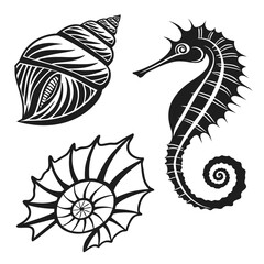 Stylized black and white illustrations of a seahorse and two different types of seashells on a white background representing marine life and ocean treasures