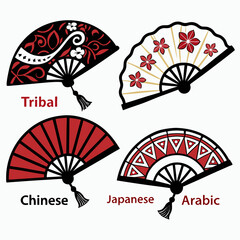 Collection of four decorative folding fans featuring distinct cultural designs including tribal japanese chinese and arabic patterns with tassels and vibrant colors on a white background