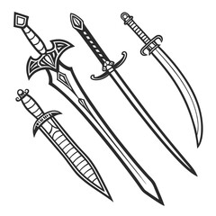 A collection of four stylized black and white line art illustrations of different swords and a dagger presented on a clean white background